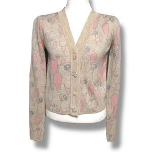 JILL Pastel Oatmeal Light Pink Parrot Animal Print Knit Cropped Cardigan Sweater